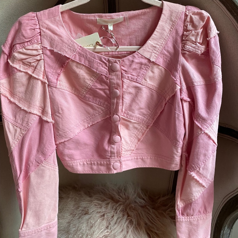 LoveShackFancy Eleora Patchwork Cropped Cotton Jacket Pastel Pink XS 2 NWT
